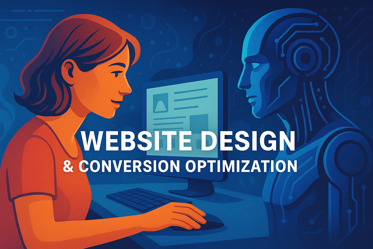 Website design and conversion optimization with UI/UX elements, analytics, and user journey visuals