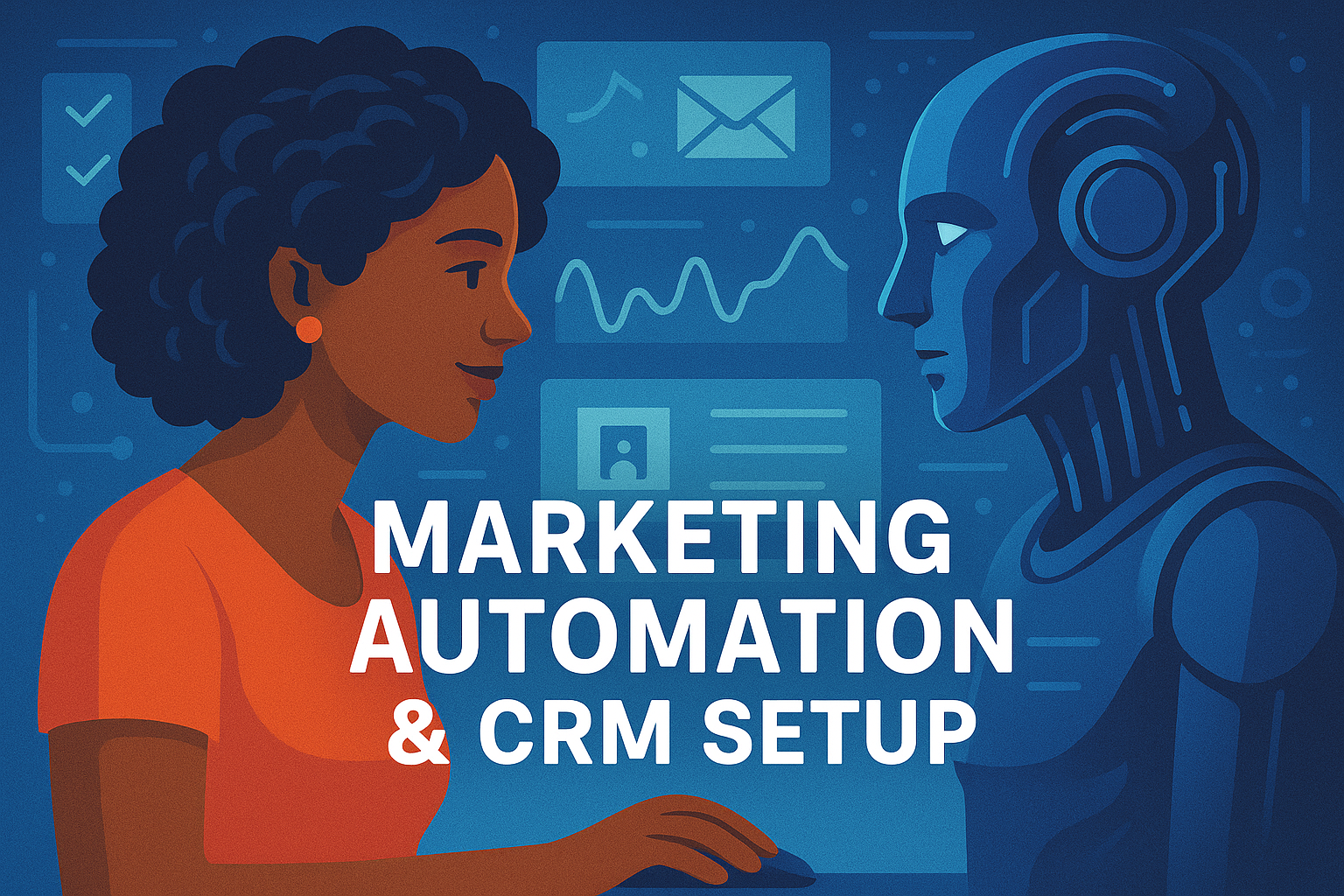 Marketing automation and CRM setup illustration showing workflows, email sequences, and customer journey mapping