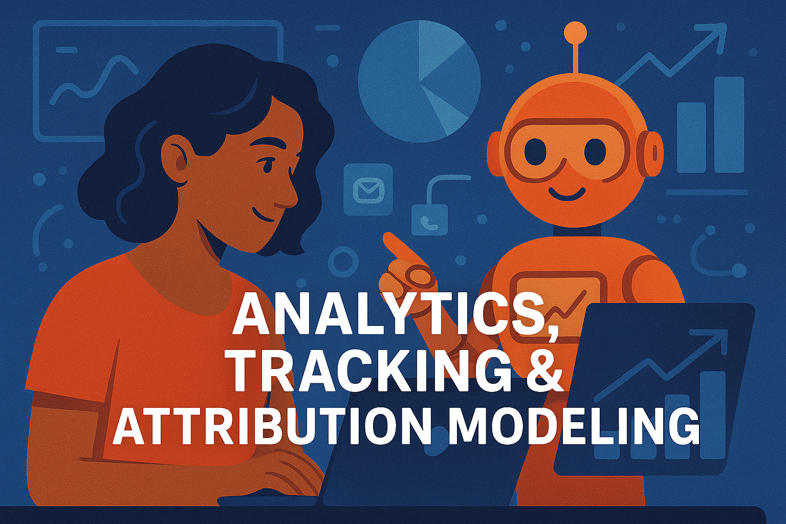 Analytics dashboard with tracking metrics, conversion paths, and attribution modeling visuals